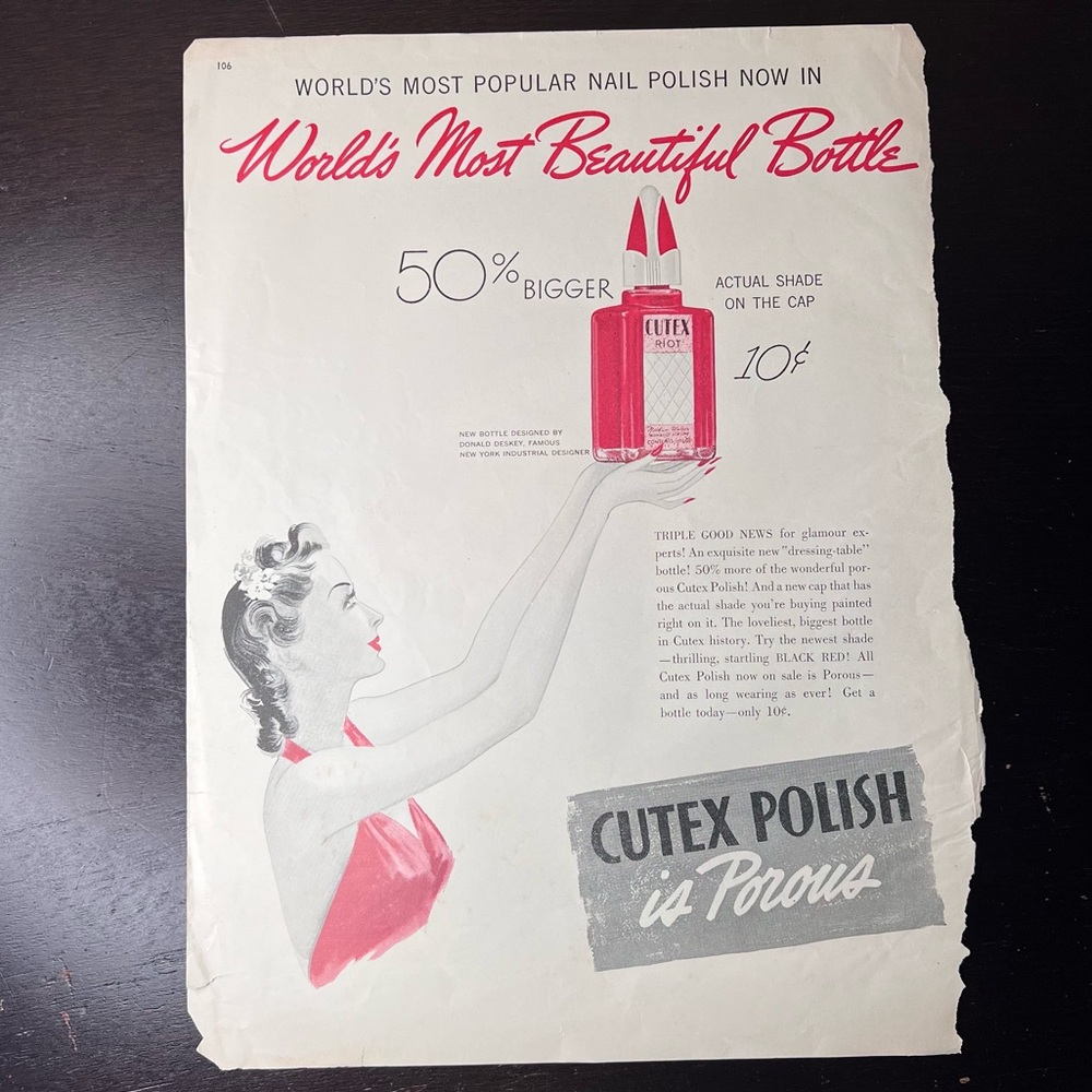 Vintage 1941 Cutex Nail Polish Magazine Ad, Riot Red, Donald Deskey Design